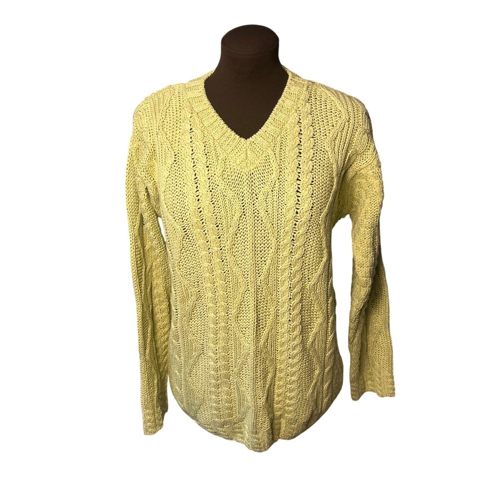 Aran Crafts Ireland Women’s Cotton Blend Green Yellow V Neck Sweater Size Small